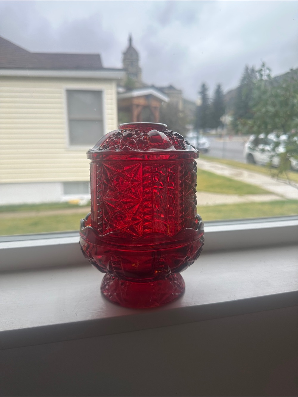 Vintage Indiana Glass Stars & Bars Ruby Red Fairy Lamp Flashed Amberina - 2pc